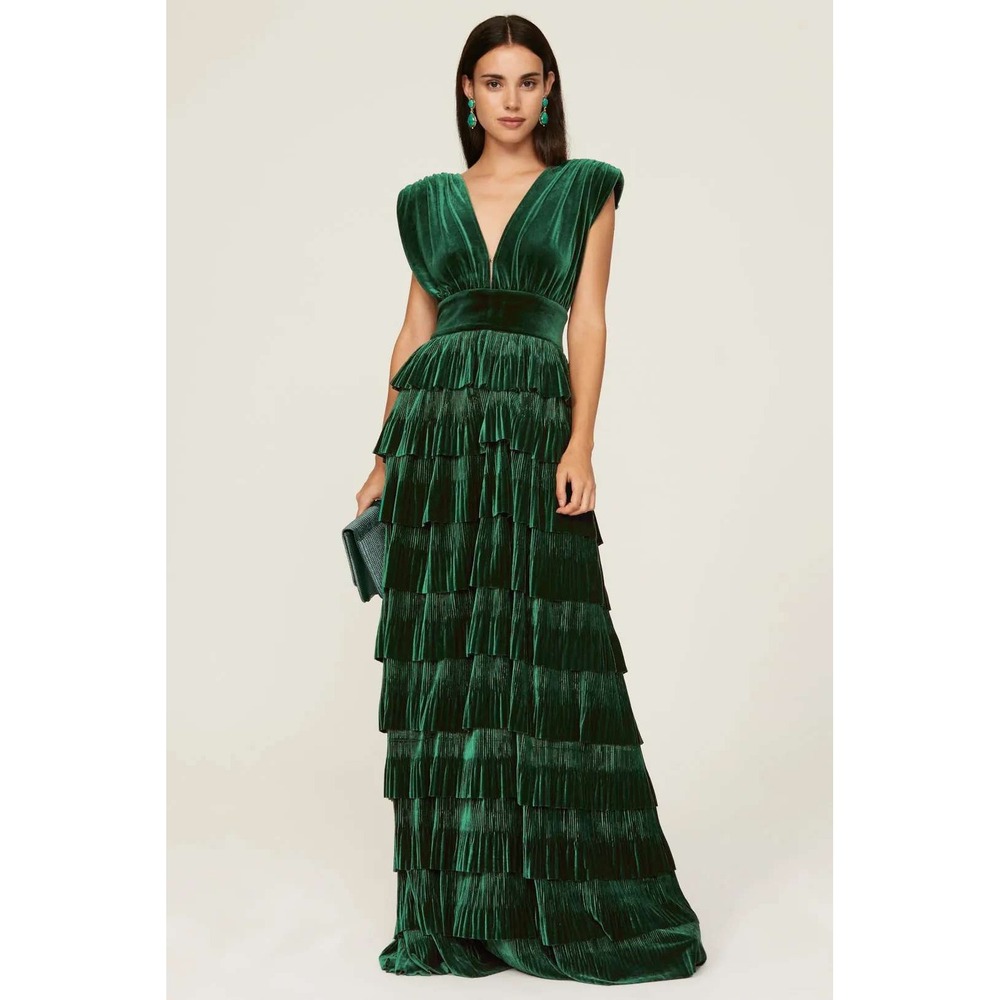 Bronx and Banco Emerald Green Velvet Tiered Pleated Maxi Dress V-Neck Gown M